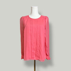 J.Crew Blouse Women Size 4 Neon Rose Top Pintuck Silk Longsleeves Sheer Pleated